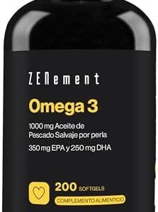 Omega 3 2000mg por dosis diaria, Máxima Concentración de DHA 500mg y EPA 700mg, Ácidos Grasos de Alta Potencia | Aceite de pescado salvaje con Vitamina E | 200 cápsulas de Omega-3 para una salud de hierro