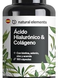 Colágeno + Ácido hialurónico – 180 cápsulas – enriquecido con biotina, selenio, zinc, vitamina C de acerola – dosis alta de 1000mg colageno
