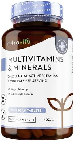 Multivitaminas y Minerales - 365 Comprimidos Veganos - Complejo Multivitaminico con 26 Esenciales Vitamina D3, C, A, B, E, Yodo, Selenio, Calcio, Hierro, Zinc - Lo mejor para la nutricion