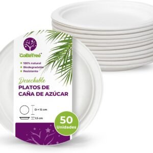 GoBeTree 50 platos desechables de caña de azúcar redondos de 15 cm blancos. Platos papel desechables extrafuertes, Para camping, picnic, fiestas, barbacoas, cumpleaños.