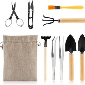 LIHAO 10 Piezas Mini Herramientas para Bonsái Kits de Herramientas de Jardinería Plantación de Cactus Suculentas Plantas Maceta