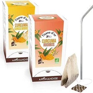 Dúo tés de hierbas orgánicos con cúrcuma, jengibre y rooibos 40 bolsitas + 4 pajitas de acero inoxidable