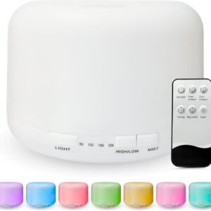 Humidificador Aceites Esenciales, difusor de Aromas, Difusor de Aromaterapia, Difusor Ultrasonico de Aceites Esenciales, con Luz Led de 7 Colores y Temporizador, Control Remoto para Hogar,Yoga,500ml