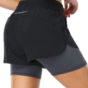 MOVE BEYOND Pantalones Cortos de Running 2 en 1 para Mujer con Bolsillo con Cremallera Cordón Fitness Maratón Yoga Shorts