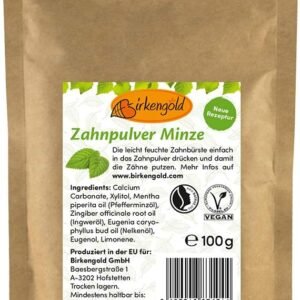 Birkengold Bolsa de recambio de menta en polvo de dientes 100 g | Protege El esmalte | Ingredientes 100% naturales | Sin espumantes Y conservantes | Cosméticos naturales | Vegano