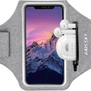 HAISSKY Brazalete Deportivo para Correr con Bolsa de Auriculares, Brazalete Móvil Deportivo Ajustable para iPhone 15 Pro MAX 14 Pro 13 12 11 Plus XS XR X, Galaxy S24/S23/S22/S10, hasta 6,9" (Gris)